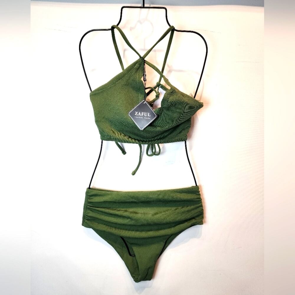 New Green Bikini Swimsuit High Waist Scalloped‎ Edge Lace Up 798 Size 4